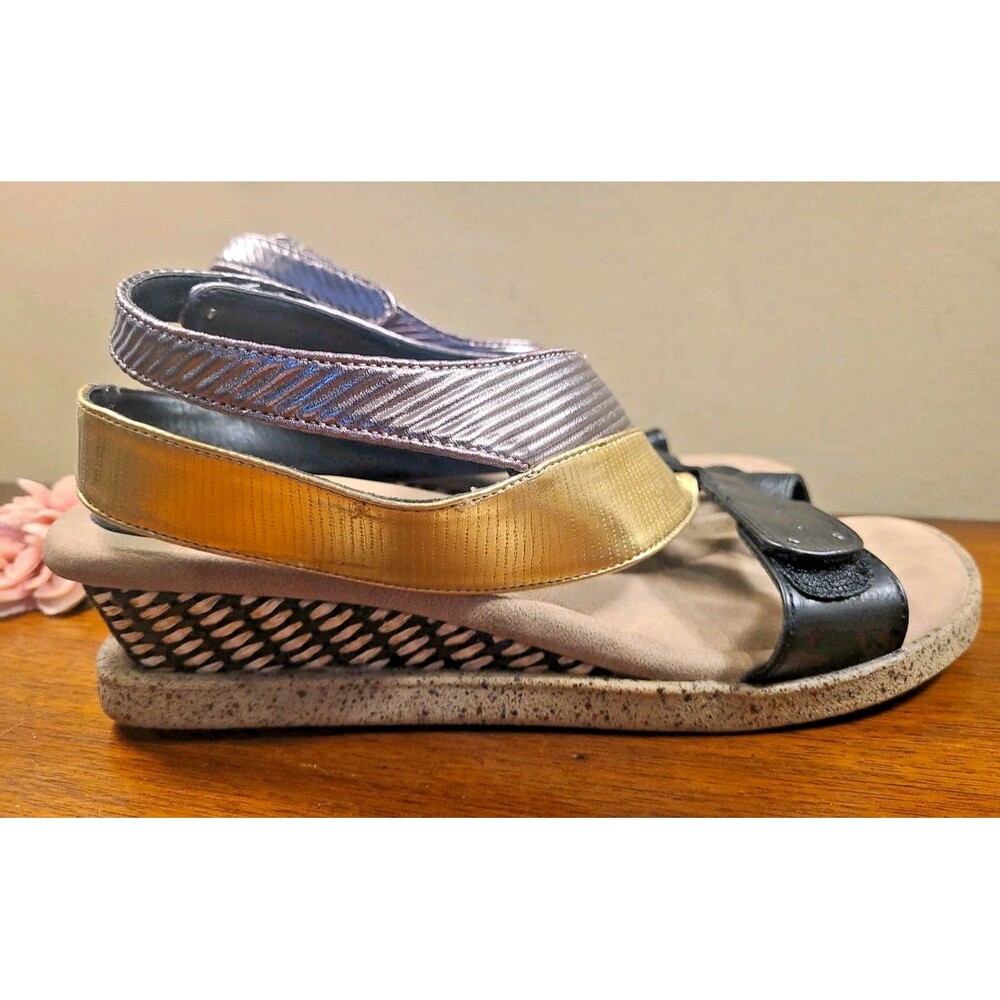 Modzori Reversible Wedge Open Toe Ankle Wedge Sandals  Black/Gold/Pewter Size 8